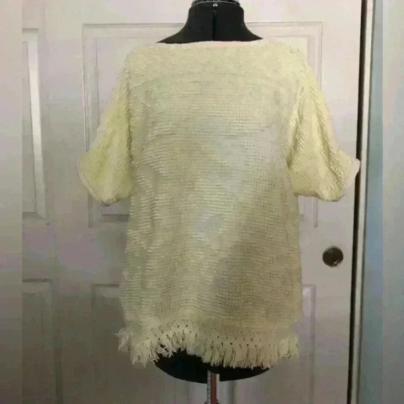 Handmade VTG light yellow chenille boatneck top with fringe best fits XL - Picture 1 of 4